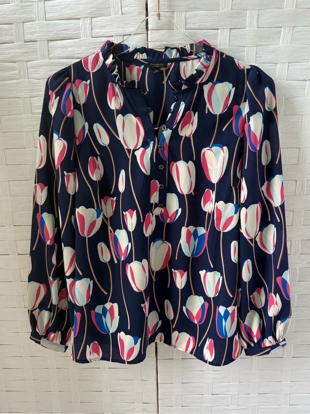 Talbots Size LP Navy Floral Tulip Blouse with Pink & White Accents Career Church